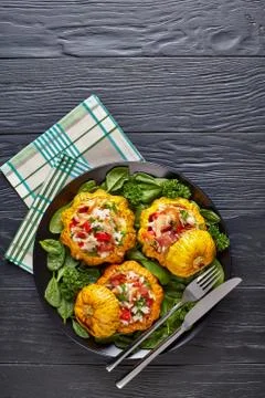 Squash stuffed with rice, flat lay Stock Photos
