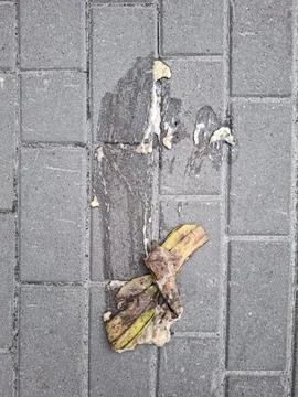 Squashed banana peel on pavement creates a slipping hazard for pedestrians .. Stock Photos