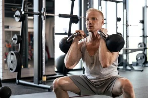 Squats with kettlebells exercise. Middle aged athlete doing functional work.. Stock Photos