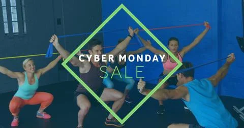 Squatting five adults pulling bands overhead in gym, in colorful activewear with Stock Photos