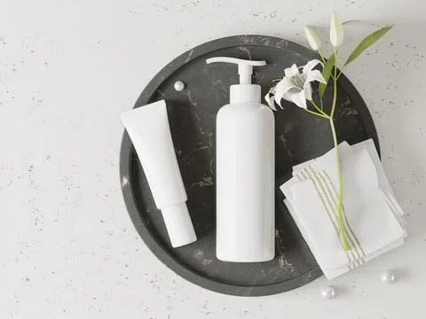 Squeeze bottle and pump bottle for cosmetics on white background., 3d style. Stock Photos