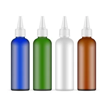 Squeeze Bottles With Twist-Open Dispensing Cap, Blue, Green, Brown, White Mockup Stock Illustration