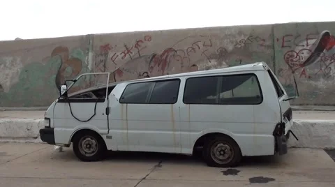 Squeezed minibus side view 2 Stock Footage 48388591