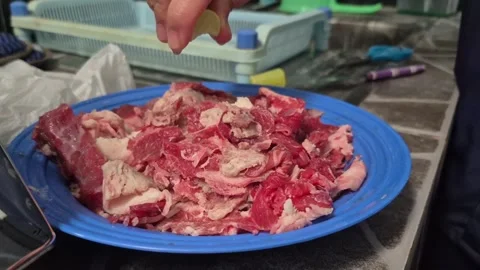 Squeezing citrus juice onto beef Stock-Footage 309003194