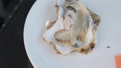 Squeezing lemon juice over raw oyster in a plate. Preparing seafood for eating Stock-Footage 267899972