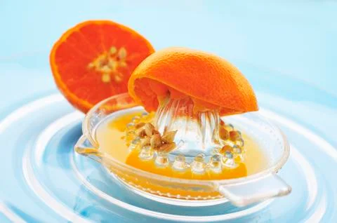 Squeezing a mandarin orange with a citrus squeezer Stock Photos