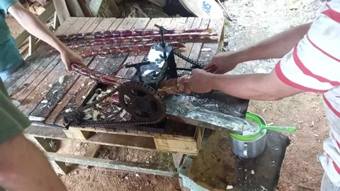 Squeezing Sugar Cane Manually Side View Stock Footage 213396601