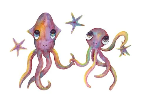 Squid and octopus, isolated on a white background. Sea animals and stars. Stock Illustration