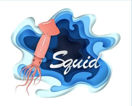 Squid badge. Vector illustration. Red squid isolated on blue water background Stock Illustration