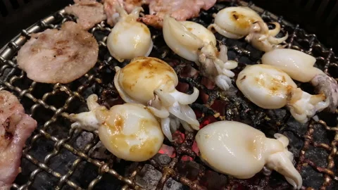 Squid cooked or grilled. squid on the grill grate. street food Stock Footage 140943654