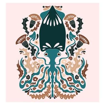 Squid. Folk-style pattern, symmetrical, detailed vector element. Rustic, Scan イラスト素材