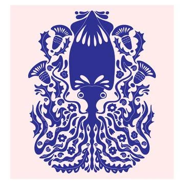 Squid. Folk-style pattern, symmetrical, detailed vector element. Rustic, Scan イラスト素材