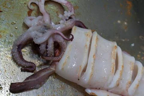 Squid fried on pan Stock Photos