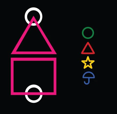 'squid game' Circle, Triangle, Star, Umbrella and square shapes on black back Stock Illustration
