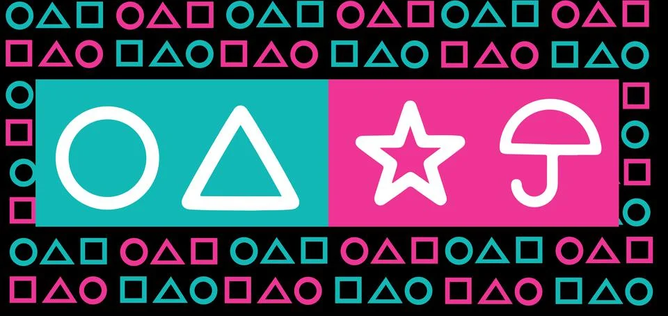 Squid Game pattern Circle, triangle, star and umbrella shapes with green, pin Illustrazione stock