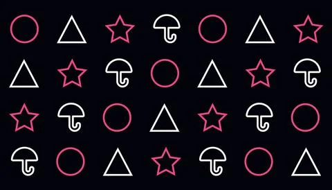 Squid Game pattern. Pink and white circle, triangle, star and umbrella shapes on Illustrazione stock
