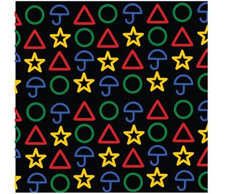 'squid game' Triangle, Circle, Star and Umbrella shapes pattern. Colorful vec Stock Illustration
