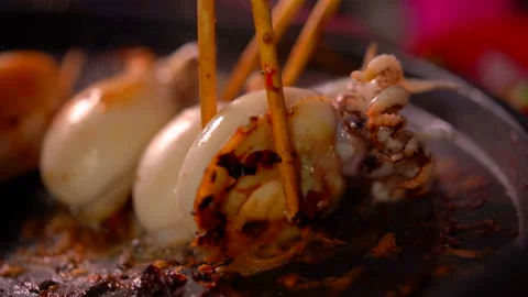 Squid grilling on hot pan for cooking, close up delicious seafood squid food  Stock Footage 152870036
