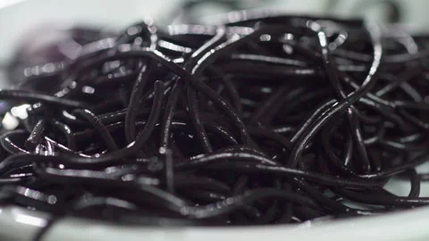 Squid ink spaghetti drop to white plate slow motion Stock-Footage 158531610