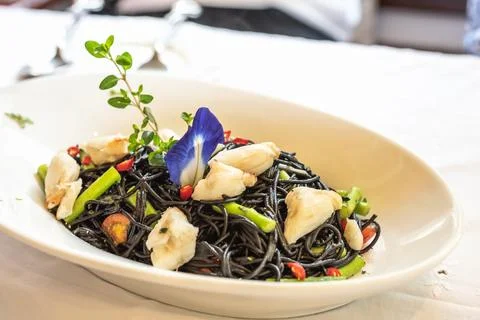 Squid-ink spaghetti Stock Photos