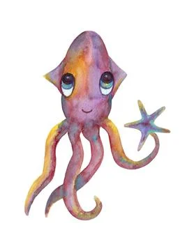 Squid, isolated on a white background. Cute character in cartoon style. Stock Illustration