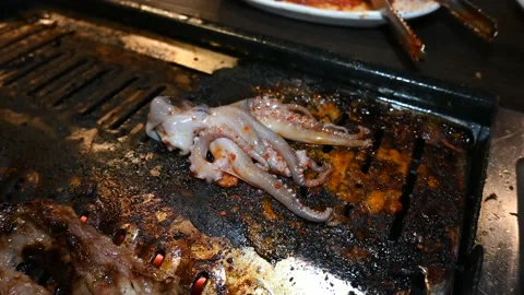 Squid Octopus cooking on a bbq Stock Footage 144148246