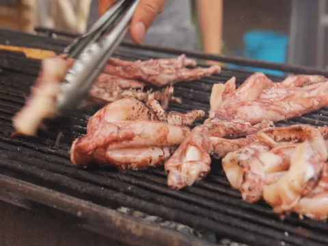 Squid, octopus, cuttlefish is preparing on grill, close up. Stock Footage 74680516