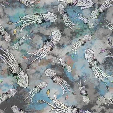 Squid pattern seamless. calamary background. Artistic illustration Stock Illustration
