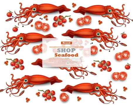 Squid pattern Vector. Seafood card backgrounds Illustrazione stock
