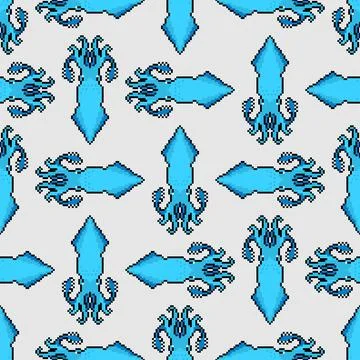 Squid pixel art pattern seamless. 8 bit calamary background. pixelated textur Stock Illustration