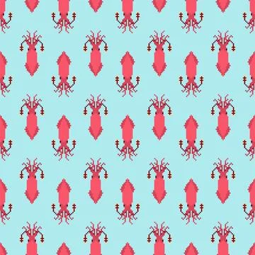Squid pixel art pattern seamless. 8 bit calamary background. pixelated textur Stock Illustration