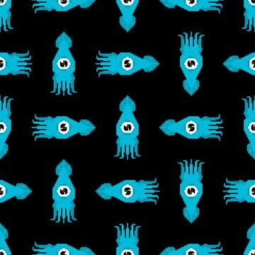 Squid pixel art pattern seamless 8 bit cephalopod marine animal background. p Stock Illustration