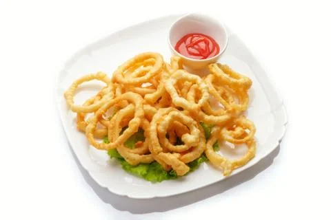 Squid rings in batter on a white Foto stock