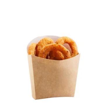 Squid rings in a paper box isolated on white background. Fotos Stock