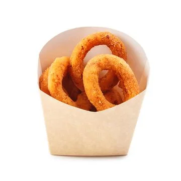 Squid rings in a paper box isolated on white background. Fotos de archivo