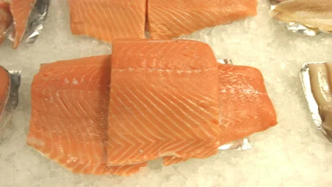 Squid, salmon steaks and salmon fillet. Видео 100712641