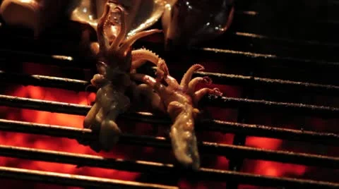 Squid Seafood Grilling on Barbeque at Night Stock Footage 8973390