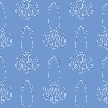 Squid seamless pattern in line art style. Undersea animal silhouette for summer Stock Illustration