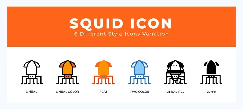 Squid set of icons. Vector illustration with different styles. Stock Illustration
