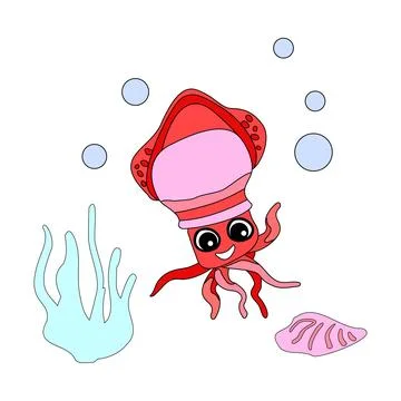 Squid with shells, bubbles and algae in the ocean. For posters, prints on c.. Illustrazione stock