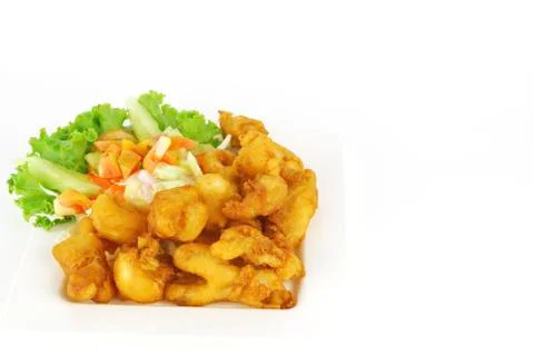 Squid , shrimps , fried in batter with vegetable Stock Photos