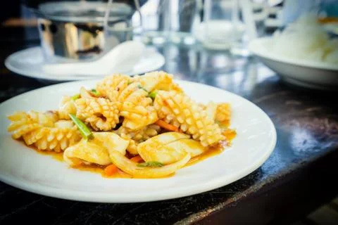 Squid on thai style source for lunch set Stock Photos