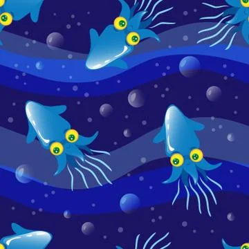 The squid in the water, children's seamless vector texture Stock Illustration