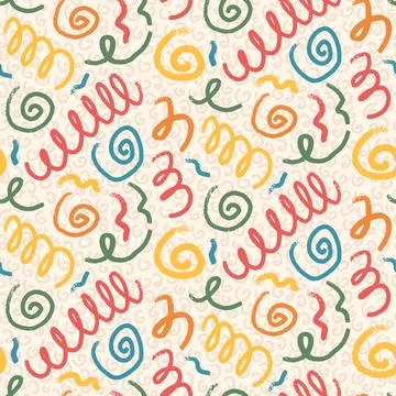 Squiggle loop confetti seamless pattern. Hand drawn kids party endless Illustrazione stock