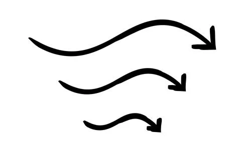 Squiggly curved arrows pointing down hand-drawn sketch graphic element set Stock Illustration