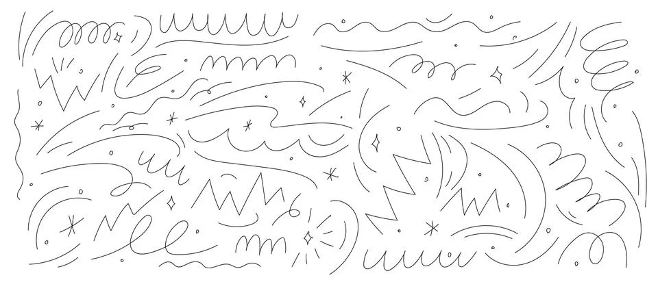 Squiggly lines in pencil, doodles, scribbles, brush squiggles, chalk patterns Illustrazione stock