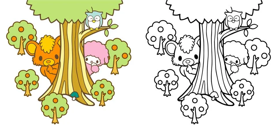 Squirrel and Sheep hiding in back tree Stock Illustration