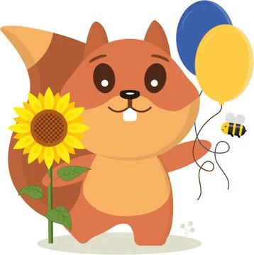 Squirrel with balloons and sunflower. Vector illustration Stock Illustration