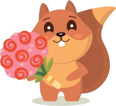 Squirrel with a bouquet of red flowers Stock Illustration