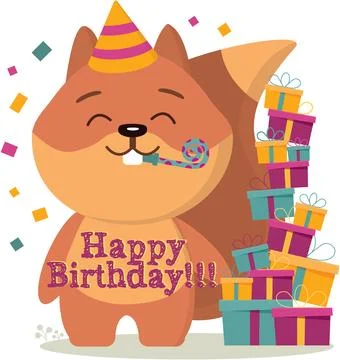 Squirrel is celebrating his birthday. Vector image on the theme of the holiday Stock Illustration
